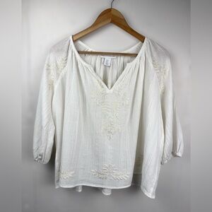 House of Harlow 1960 Women’s White Embroidered Boho‎ Peasant Blouse Top V-Neck S